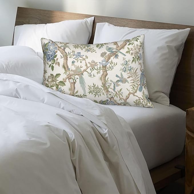 Blue Green Floral Bird Pillow Covers 12x20 Set of 2 Chinoiserie Throw Pillows Green Vintage Flowers Bird Decorative Pillow Cases Outdoor Farmhouse Lumbar Decor Cushion Case for Couch Sofa