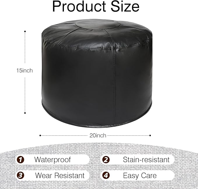 Unstuffed Ottoman Pouf Cover 20 X 15 Inch, Round Pu Leather Foot Stool, Floor Bean Bag(No Filler), Foot Rest with Storage for Living Room/Bedroom/Office, Black