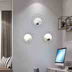 3 Pack Metal Mirrors for Wall Sunburst Wall Mirrors Home Décor Decorative Hanging Wall Art for Living Room Bedroom Entryway (Silver Crystal, Flower+Sunburst)
