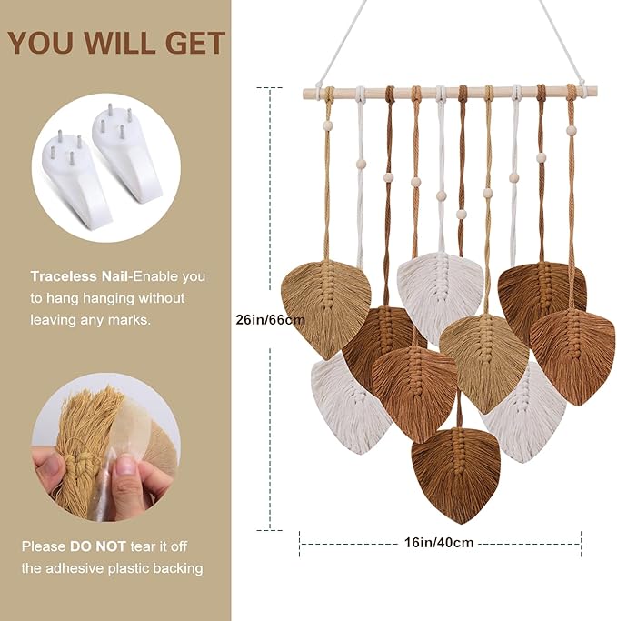 Macrame Wall Hanging Leaves Tapestry, EaseMykit Nursery Decor Leaves Woven Tapestry Feather Handmade Yarn Tassels Boho Wall Decor Leaves Art Decorations for Bedroom Living Room Apartment Home Backdrop(Autumn Brown)