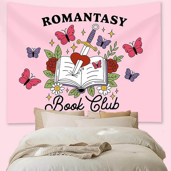 Romantasy Book Club Tapestry - Fantasy Books Library Tapestries, Pink Magical Document Tapestrys, Cute Aesthetic Fairy Tapestries Wall Hanging, Beach Throws Table Cloth Bedding Tapestry - 50 x 60 Inches