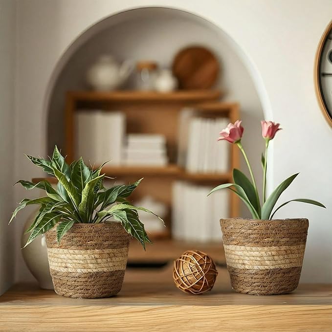 12 Pcs Seagrass Plant Basket with Plastic Liners Woven Stylish Planter Baskets Bulk Indoor Outdoor Plants Woven Wicker Baskets for Flower Pots Cover and Room Decor Small (Small,Bohemian)