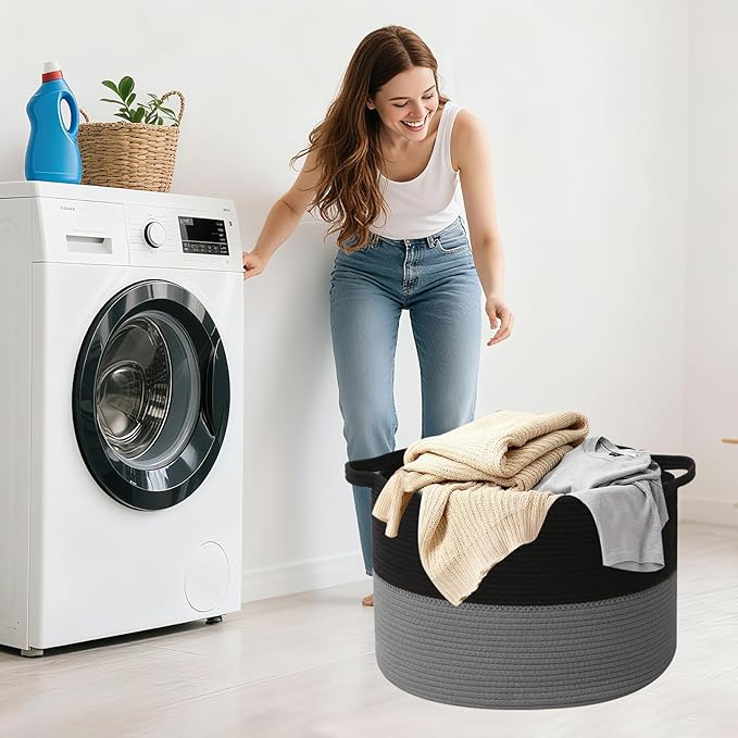 115L Large Blanket Basket,23.6"L x 23.6"W x 15.7"H Rope Woven Baskets with Handles, Toys Storage Bins,Laundry Basket Perfect for Living Room, Nursery,Bedroom,Home Organization,Black&Dark Grey