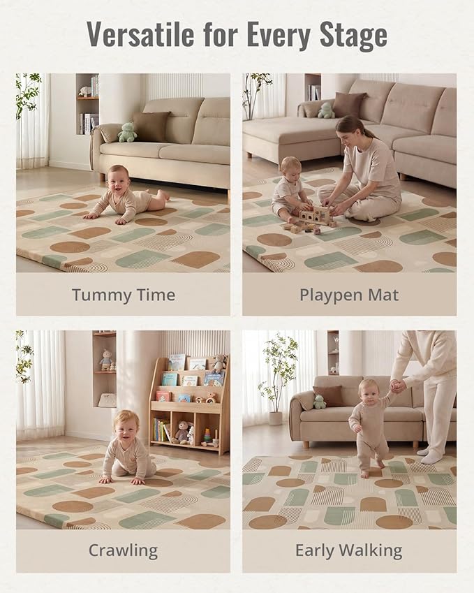 Blissful Diary 1.3" Thick Baby Play Mat, 71x59 Playpen Mat with Removable & Washable Cover, Ultra Soft Crawling Rug for Floor, Foam Cushion & Non-Slip Backing for Kids, Toddlers, Earth Tone Rainbow