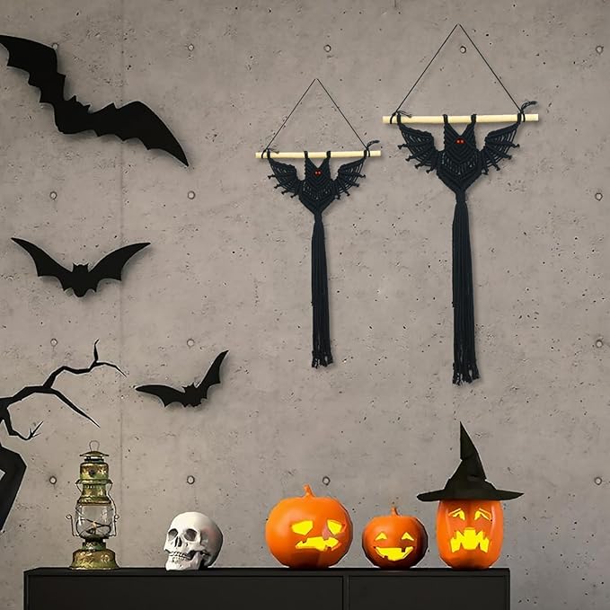 HVEST 2PCS Black Halloween Bat Macrame Wall Hanging Boho Decor Scary Black Bat, Gothic Handmade Woven Tapestry for Bedroom Spooky Halloween Decorations Macrame Wall Art for Living Room