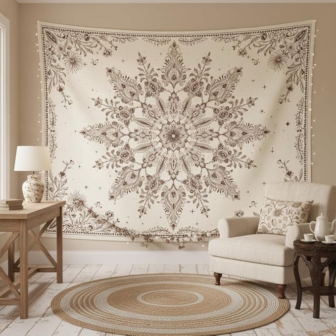 Accnicc Boho Floral Mandala Tapestry Wall Hanging Bohemian Beige Flower Tapestry Aesthetic Hippie Indian Large Tapestries for Bedroom Living Room Dorm Decor 80 x 60 Inch