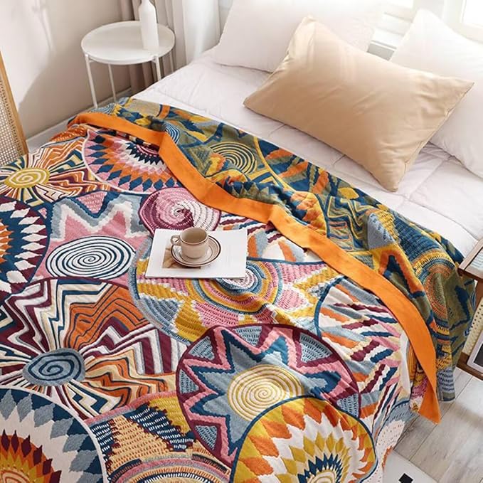 Boho Blanket for Bed 100% Cotton Bohemian Throw Blankets Ultra Soft Woven Muslin Decorative Blankets All Seasons Vintage Quilt Knitted Blanket for Sofa Chair (Colorful, 50"x60")