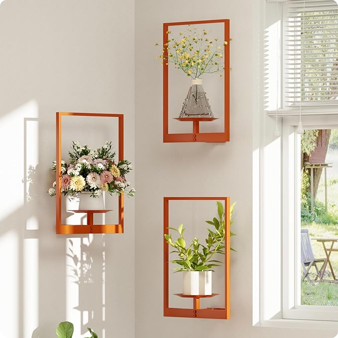 Orange Metal Wall Plant Holder - 3-Pack Wall Mounted Plant Stands and Hanging Holders for Indoor Planter and Flower Pot -Rectangle Decor Shelf for Plant Storage (Pot Not Included)