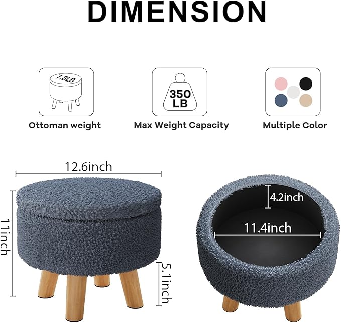 Small Foot Stool, Boucle Round Ottoman with Storage, Cute Foot Rest Stools with Teddy Velvet, Floor Pouf Ottoman Coffee Table, Sturdy Ottomans with Wood Legs for Living room, Nursery, Enterway, Blue