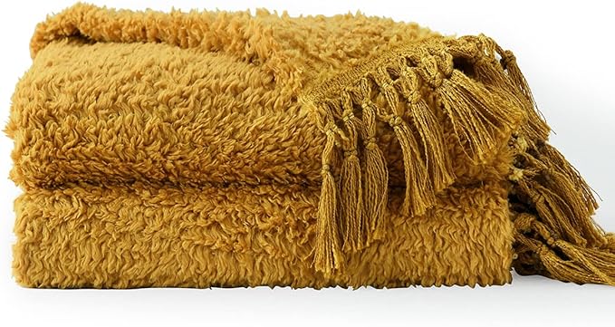 Ultra Soft Cozy Sherpa Throw Blanket, Light Weight Warm Decorative Throw Blanket with Tassel, Mustand Yellow Pattern Reversible Boho Style Blanket for Sofa, Couch, Bedroom,Travel, 50”x60”