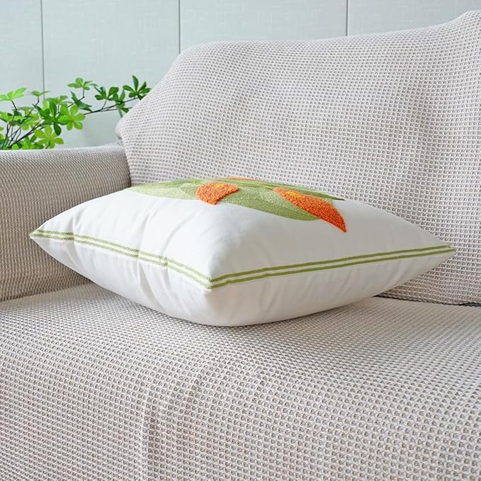 vctops Farmhouse Calla Lily Cotton Tufted Throw Pillow Cover Spring Floral Embroidery Pillowcase Soft Square Cushion Case for Sofa Couch Bed Chair (Orange C,18"x18")