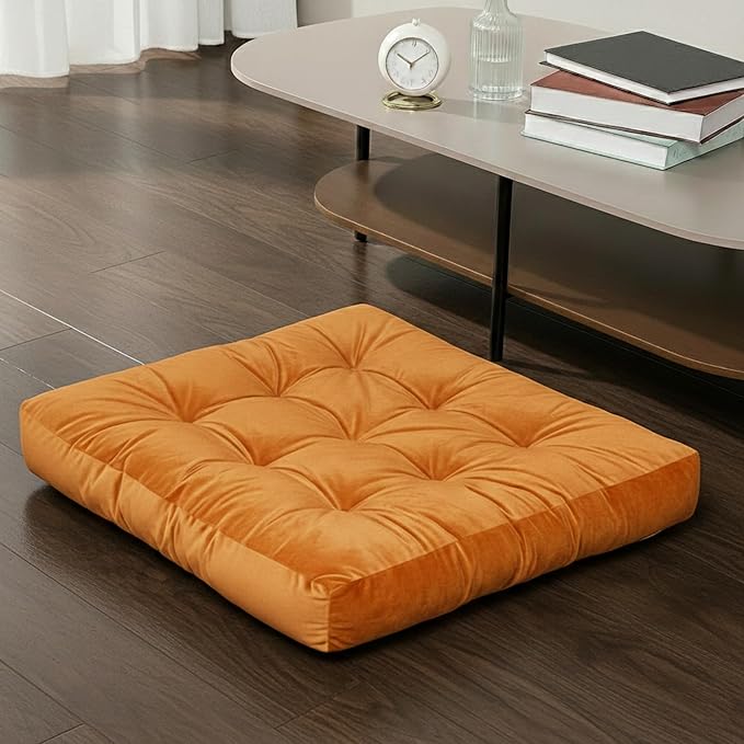 Floor Pillow for Sitting, Large Velvet Floor Seating Cushion for Adults, Tufted Big Pillow for Meditation, Yoga & Living Room, Machine Washable, 22x22 Inch, Orange