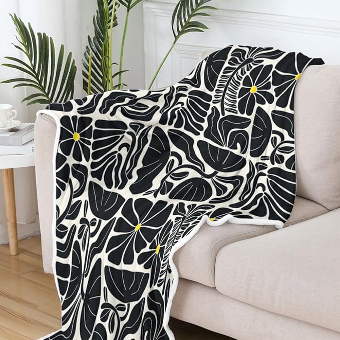 Boho Abstract Colorful Floral Throw Blanket, Vintage Retro Patchwork Black Flower Botanical Geometric Aesthetic Groovy Flannel Throw Blanket for Chair Bed Sofa Couch, 60X70IN