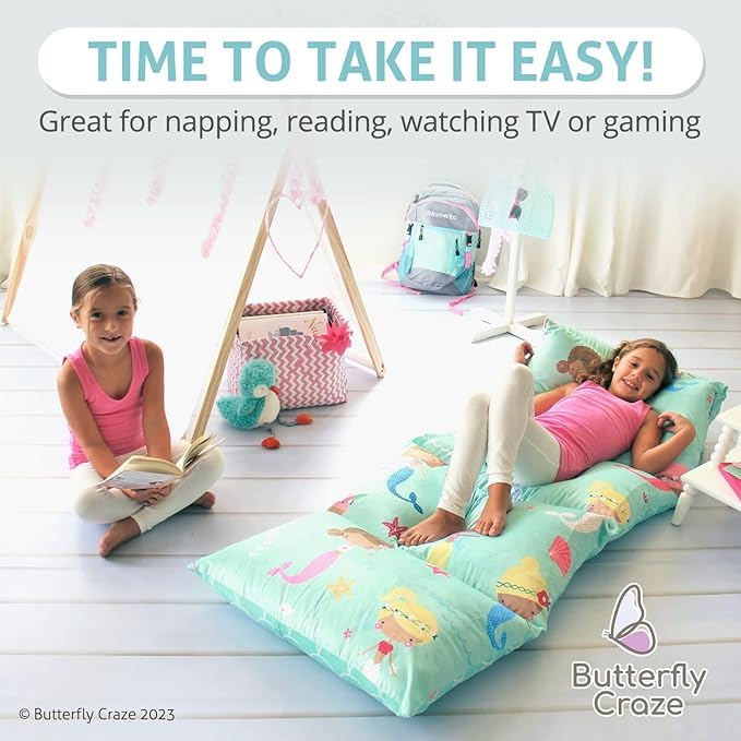Butterfly Craze Floor Pillow Case - Lounge & Nap Cover for Floor Lounger Pillow - Adjustable Fit for Guest Bed & Sleeping Pad - Machine Washable for Sleep Mat & Travel Mattress - King, Mermaid Aqua
