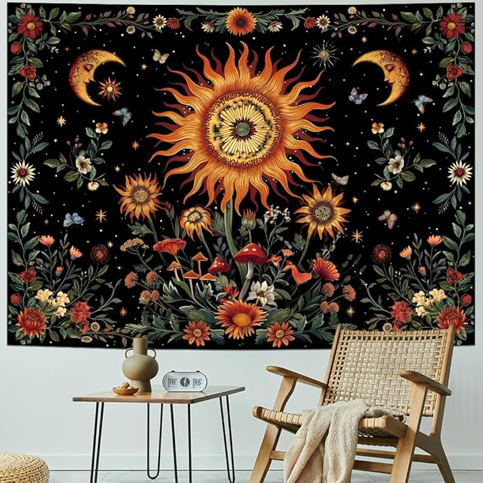 Serborlur Boho Sunflower Tapestry Hippie Moon Tapestry for Bedroom Colorful Botanical Floral Plant Wall Tapestries Aesthetic Vintage Wall Hanging for Living Room Dorm Decor