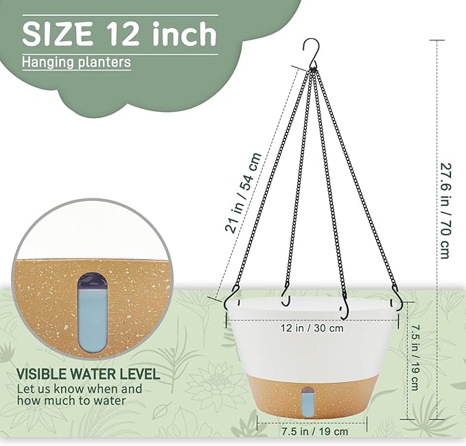 ZMTECH 12 Inch Hanging Planters for Indoor Plants, Modern White Self Watering Hanging Planter with Visible Water Level Window & Chain, Large Flower Pots for Outdoor Patio Decor
