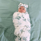 BabyWhale Muslin Swaddle Blanket with Hat and Headband Bow, Boho Green Eucalyptus Leaves Swaddle Set for Newborns, Breathable Receiving Blanket Wrap, Large 47x47 inches
