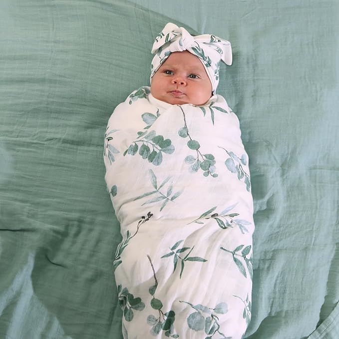 BabyWhale Muslin Swaddle Blanket with Hat and Headband Bow, Boho Green Eucalyptus Leaves Swaddle Set for Newborns, Breathable Receiving Blanket Wrap, Large 47x47 inches