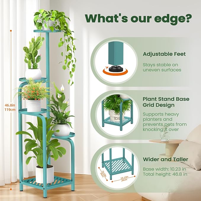 TOSKING 5 Tier Tall Plant Stand Indoor Outdoor,Anti-Tip Plant Stand indoor, Wide Base for Pots, Child and Pet Friendly,Heavy Duty Corner Shelf for Plants & Decor, Space Saving ,Tiered Metal Flower Pot Stand for Balcony, Garden, Living Room, Patio (Blue...