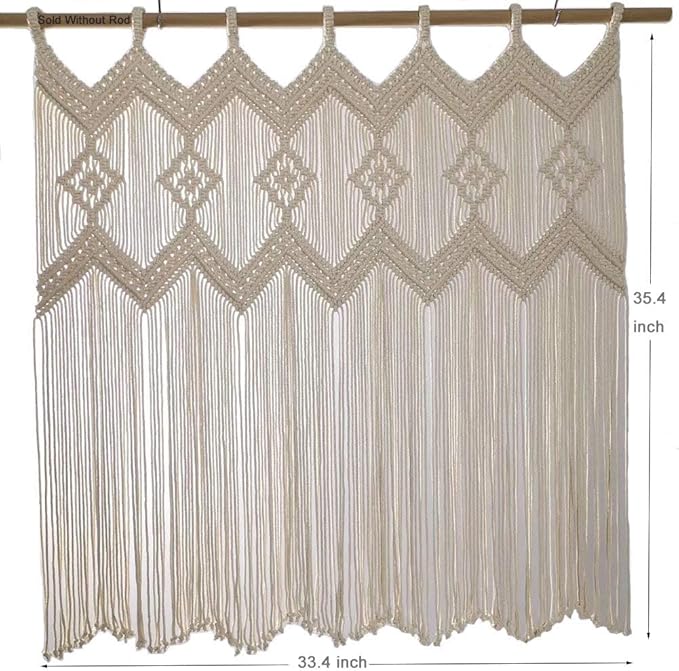 Macrame Doorway Curtains Wall Hanging Window Curtain Panels Closet Room Divider Boho Wedding Decor Backdrop Macrame Valance Boho Kitchen Valance (Ivory White, 33.4''W x 35.4''H)