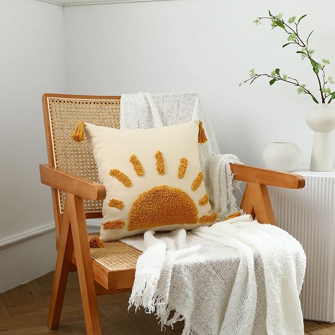Boho Throw Pillow Covers 18x18, Woven Tufted Sun Decorative Pillow Covers with Tassels Moroccan Modern Pillowcase for Sofa Bedroom Living Room Home Decor, Yellow