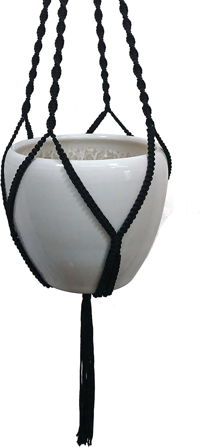 4 Legs Polypropylene Fiber Rope Macrame Plant Hanger Hanging Planter Holders Black& White Color, 48-inches for 10-12" Pot (Black)