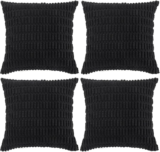 Fancy Homi 4 Packs Boho Black Decorative Throw Pillow Covers 16x16 Inch for Living Room Couch Bed Sofa, Rustic Modern Farmhouse Home Decor, Soft Plush Corduroy Cute Square Cushion Case 40x40 cm