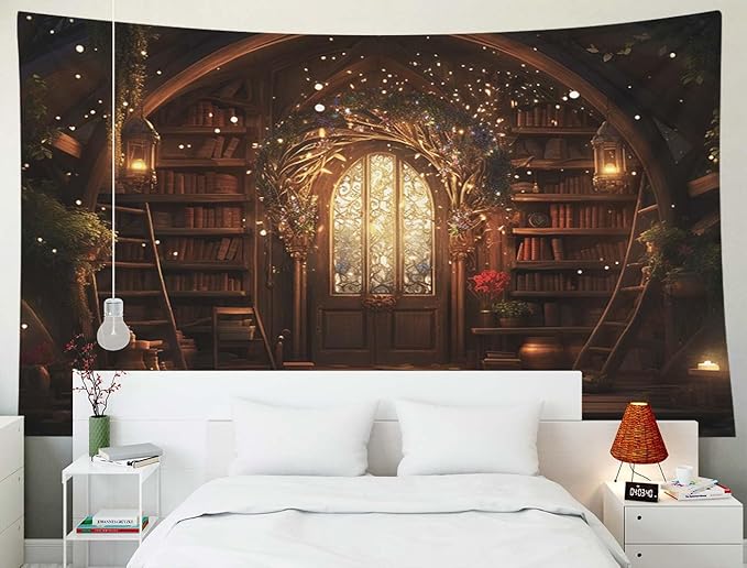 EMMTEEY Magic Library Tapestry for Bedroom 60X40 Inch - Bookshelf Wall Decoration Medieval Gothic Backdrop for Students Women