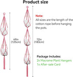 USLAI Macrame Plant Hanger Indoor Outdoor, Up to 4-15 inch Pot, Heavy 20lb Planters, Extra Long Strong Hanging Planter Basket Holder, Boho Home Decor, 49+72 Inch, Pink (POTS NOT Included)