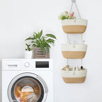 TeoKJ 3-Tier Hanging Baskets for Storage with Pearl Button Strap, Cotton Rope Over the Door Organizer, Wall-Mounted with Hook Decorative Hanging Kitchen Baskets, White & Jute