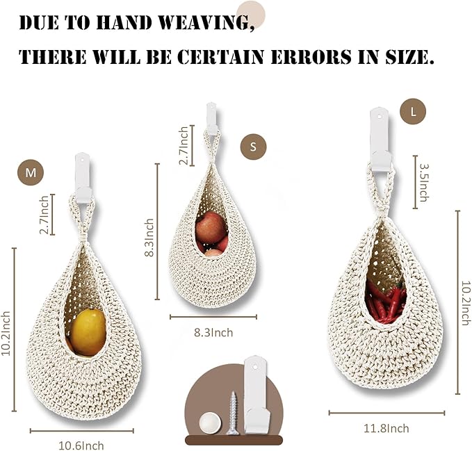 Hanging Fruit Basket Set of 3, Boho Wall Hanging Storage Basket for Organizing, Handmade Teardrop Hammock Holder for Fruit Vegetable in Home & Restaurant Kitchen with Hooks, White Cotton