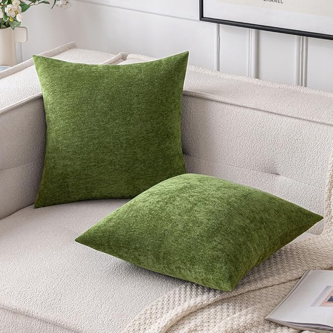 MIULEE Pack of 2 Moss Green Decorative Pillow Covers 18x18 Inch Soft Chenille Couch Spring Throw Pillows Farmhouse Cushion Covers for Home Decor Sofa Bedroom Living Room