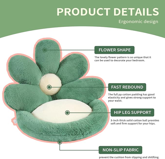 Ditucu Flower Shape Chair Cushion Comfy Kawaii Seat Cushions 19 inch Cute Stuff Pad Lazy Sofa Office Floor Pillow for Gaming Chairs Room Decor Green