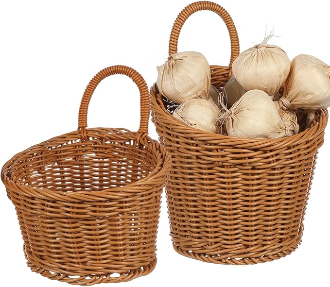 Zerodeko Hanging Woven Storage Basket for Kitchen Wall Decorative Organizer for Onion Ginger Garlic Space-Saving Rattan Basket 6.88X6.10X5.11In