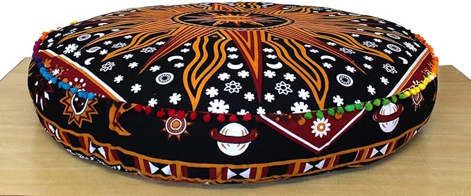 CRAFT KALA Mandala Floor Pillow Cushion Cover Seating Throw Cover Hippie Decorative Bohemian Ottoman Poufs Pom Pom Pillow Cases Boho Indian Cotton Living Room Home Décor 35" Round, Orange Burning Sun