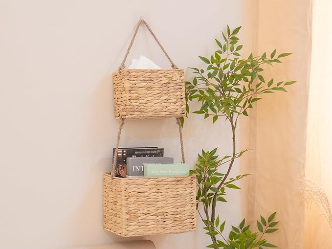 YAHUAN Water Hyacinth Hanging Basket 2-Tiered Woven Wicker Wall Basket Organizer for Kitchen, Home, Door, Indoor/Outdoor Bohemian Décor (Water Hyacinth)