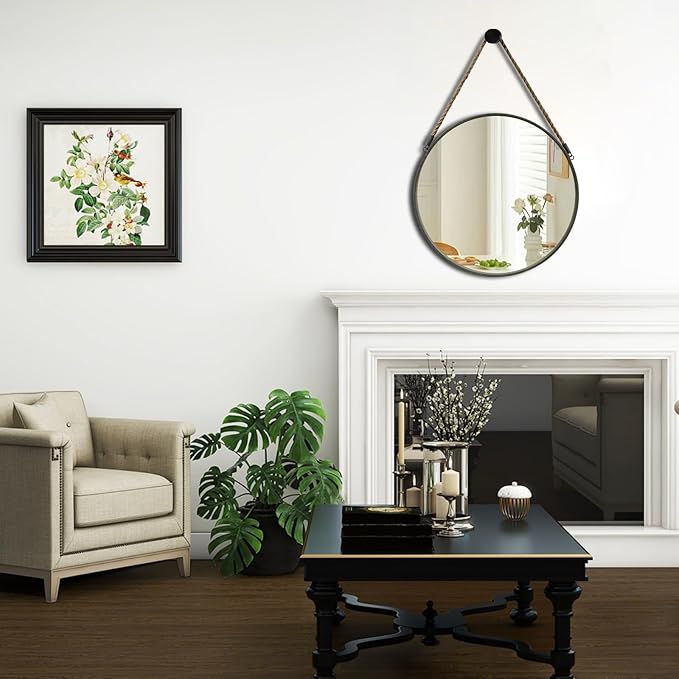 POZINO Round Mirror, Rope Hanging Mirror, 15 Inch Farmhouse Circle Wall Mirror for Bathroom Bedroom Living Room Entryway Home Decor, Grey