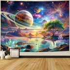 Blacklight Galaxy Space Tapestry UV Reactive Planet Wall Hanging Magical Trees Tapestries Cosmic Mountain Landscape Wall Decor Aesthetic Starry Night Backdrop for Bedroom