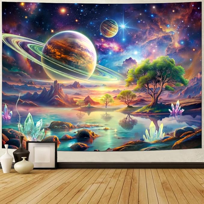 Lahasbja Blacklight Galaxy Space Tapestry UV Reactive Planet Wall Hanging Magical Trees Tapestries Cosmic Mountain Landscape Wall Decor Aesthetic Starry Night Backdrop for Bedroom