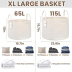 115L Extra Large Blanket Basket for Living Room - Woven Cotton Rope Laundry Hamper with Reinforced Handles - Storage Bin for Pillows, Comforters & Toys - Machine Washable,White