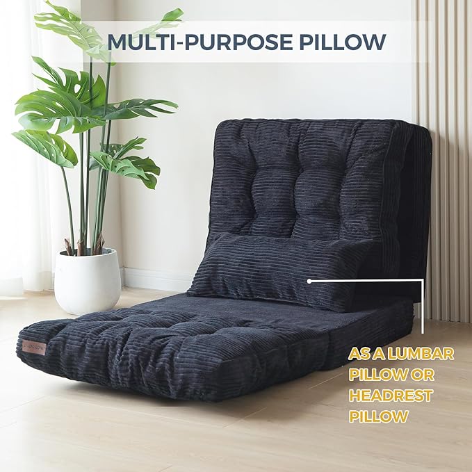MAXYOYO Folding Sofa Bed, Tufted Bean Bag Bed with Pillows Floor Mattress for Adults, Extra Thick and Long Floor Sofa, Single Couch for Bedroom Living Room, Black, 30x91 Inch