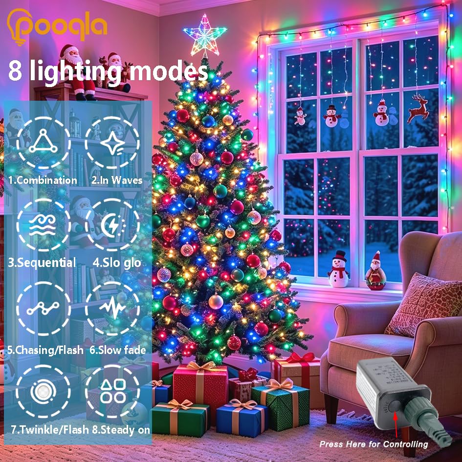 Pooqla 500 LED Colorful String Lights Indoor Outdoor, 164 ft Christmas Lights Plug in with Timer, Connectable 8 Modes Waterproof Clear Wire Twinkle Fairy Lights for Bedroom Party Classroom Decor - color: Colorful, size: 500LED