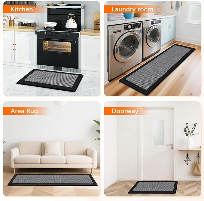 Kitchen Mats, 2PCS Kitchen Rugs for Floor, Cushioned Anti-Fatigue Mats for Kitchen Floor, Non-Slip Standing Desk Mat for Sink, Home, Laundry & Office, 17.3"x30"+17.3"x59" (Black)