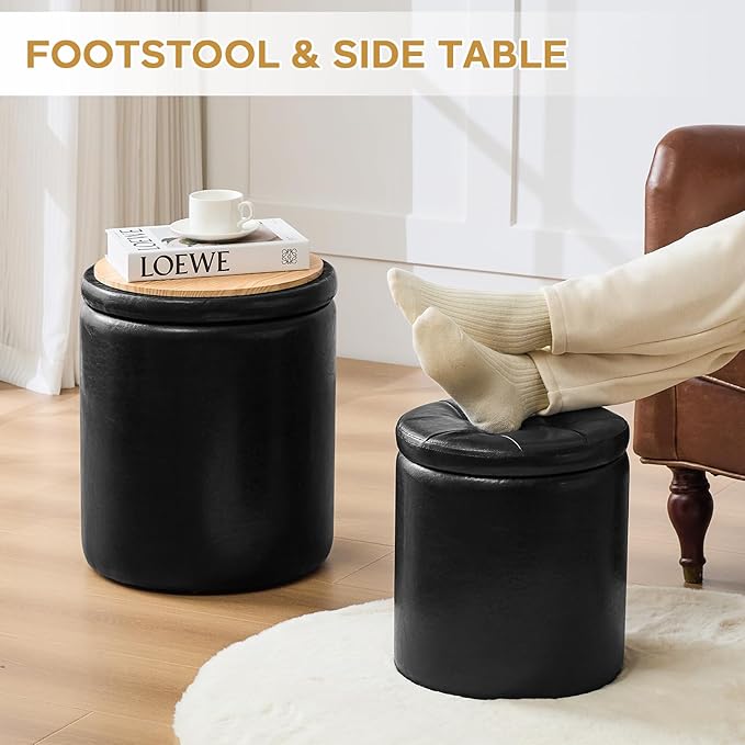 Round Ottoman with Storage Set of 2, 12.6" W x 14.17" H & 14.76" W x 17.32" H Faux Footstool Storage Ottomans for Bedroom, Living Room Padded Coffee Table Ottomen, Black