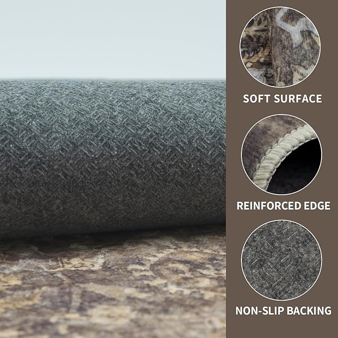 9x12 Vintage Washable Area Rug for Living Room,Low Pile Non Slip Carpet Non-Shedding Large Area Rug Soft Indoor Stain Resistant Rug Floral Print Mat for Dining Room Brown Floral