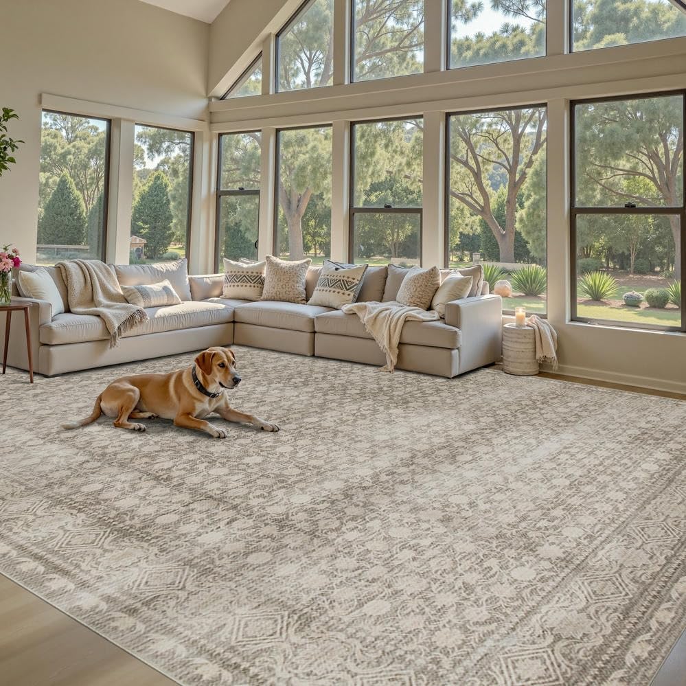 9x12 Washable Area Rug for Living Room, Extra Large Neutral Vintage Boho Rugs for Dining Room, Kids Room, Farmhouse, Durable Low Pile Non Slip Carpet for High Traffic Areas, Apricot - color: Apricot, size: 9' x 12' (Rectangular)