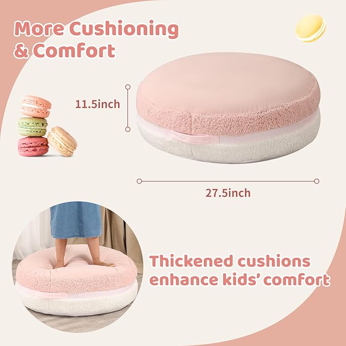 Macaron Bean Bag Chair for Kids and Teens, Medium Bean Bag Sofa with Memory Foam Filling, 27.5"×27.5"×13.5", Pink and White