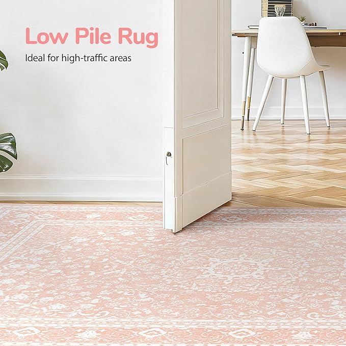 Lessymo 8 x 10 Area Rugs for Living Room, Machine Washable Area Rugs Boho Faux Wool Low Pile Area Rug for Bedroom, Floral Medallion Vintage Rugs with Non-Slip Rubber, Kid & Pet Friendly,Pink