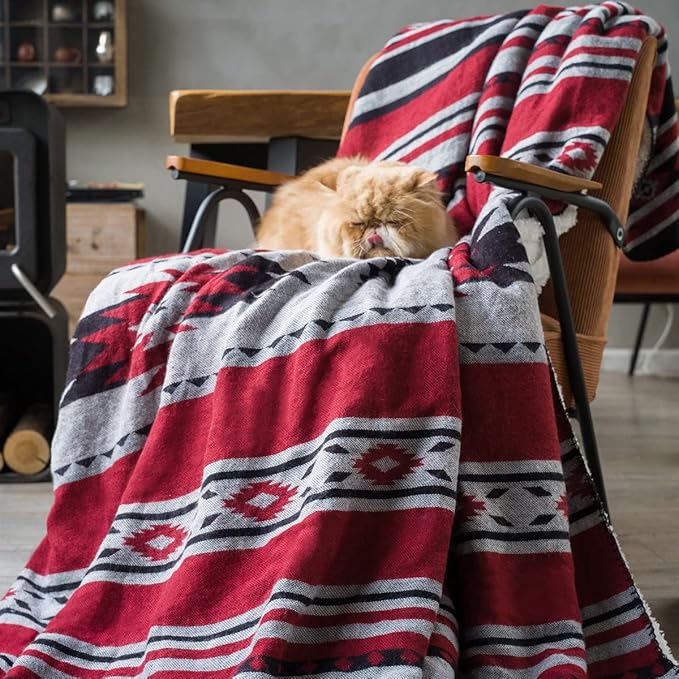 Aztec Patterned Throw Blanket with Soft Sherpa Lining, Traditional Southwestern Navajo Tribal Style Warm Throw for Camping, Outdoor, Light Weight Cozy Boho Blanket for Couch, Sofa, Bed, 50”x60”, Red