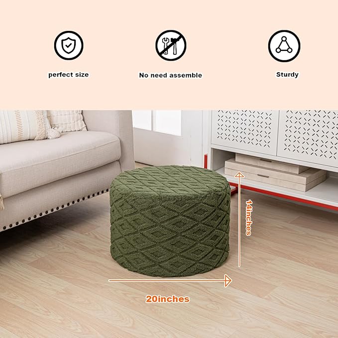Fluffy Round Ottoman Pouf with All-in-One Foam Filling 20" x 14" Furry Ottoman Foot Rest Foot Stool for Living Room or Bedroom (Green)